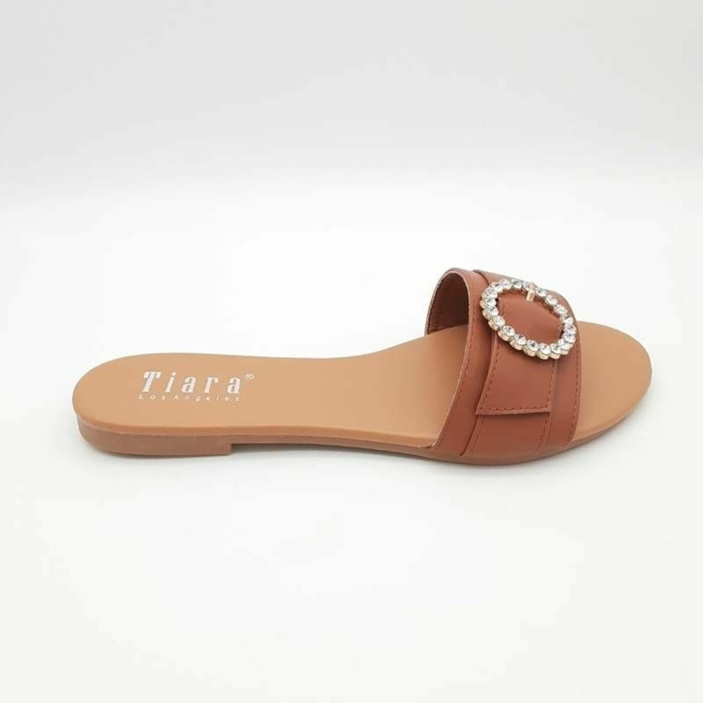 Tiara Shoes Womens Brown 7 Sandals Faux Leather Slide Rhinestones New